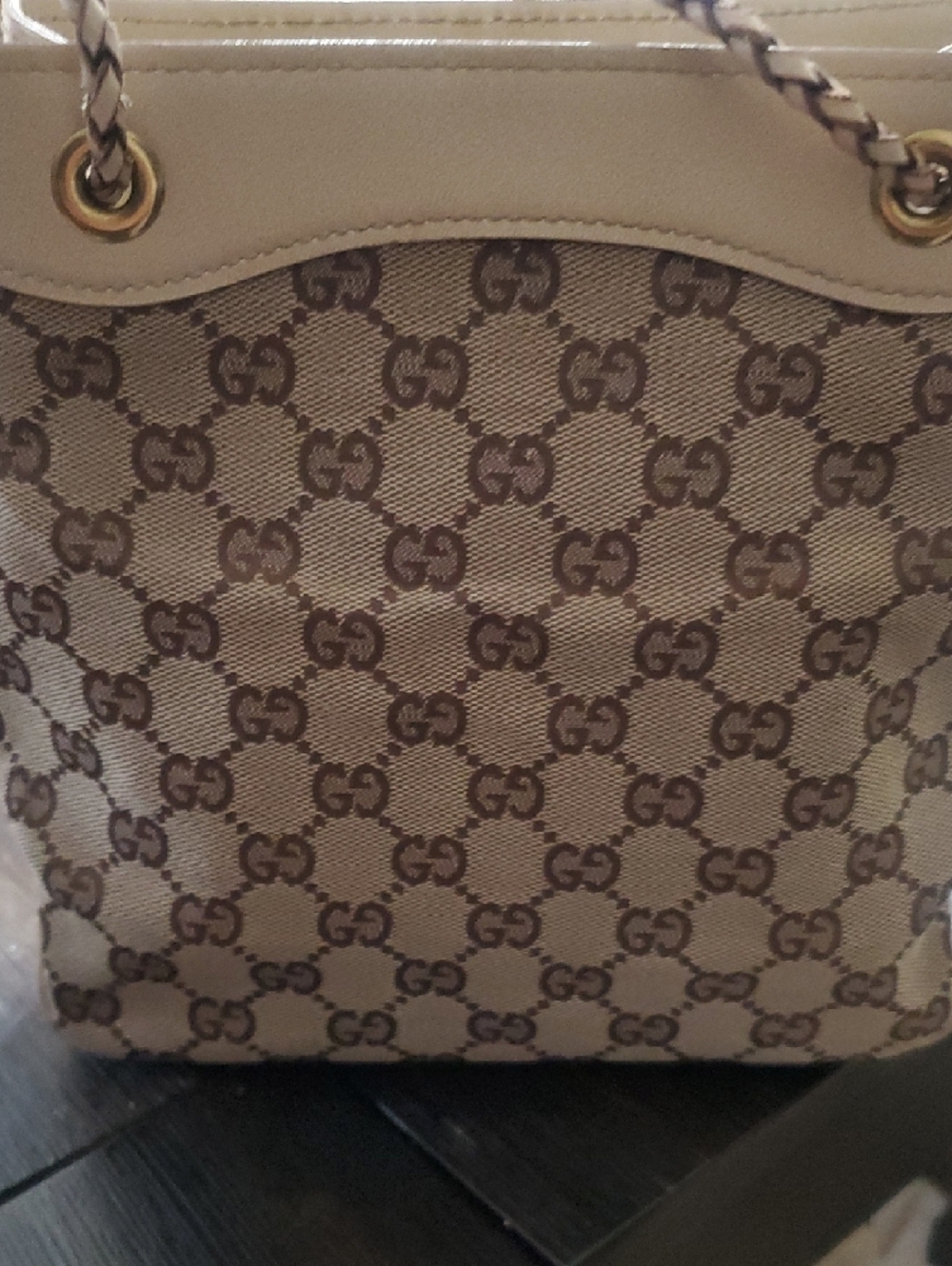 Gucci Beige and Brown GG Canvas Drawstring Tote with Braided Handles - Picture 7 of 16